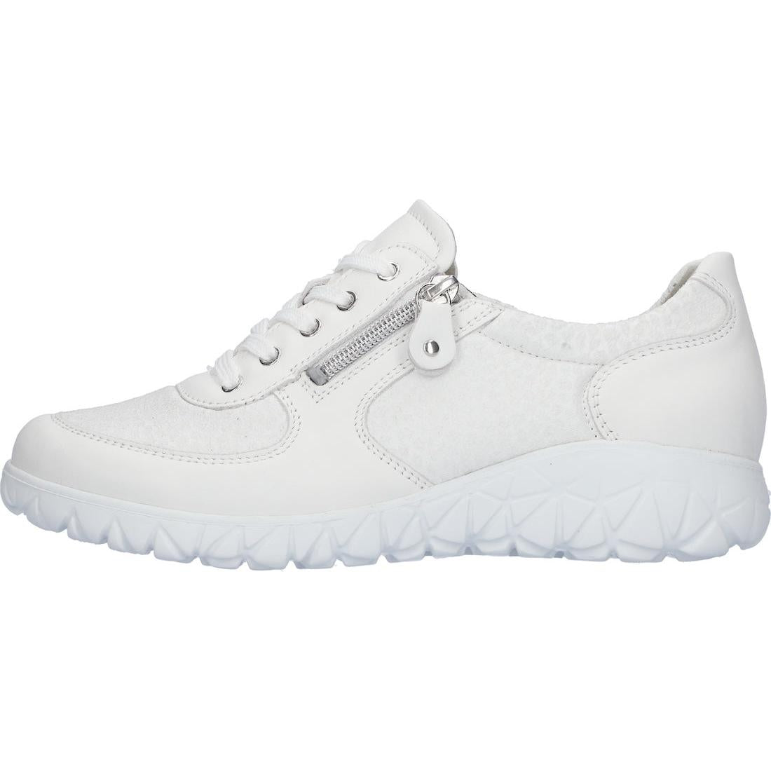 Waldlaufer H8901 Ladies Wide Snow White Leather Trainers with zip and lace, arch support, Soft Havy sole.
