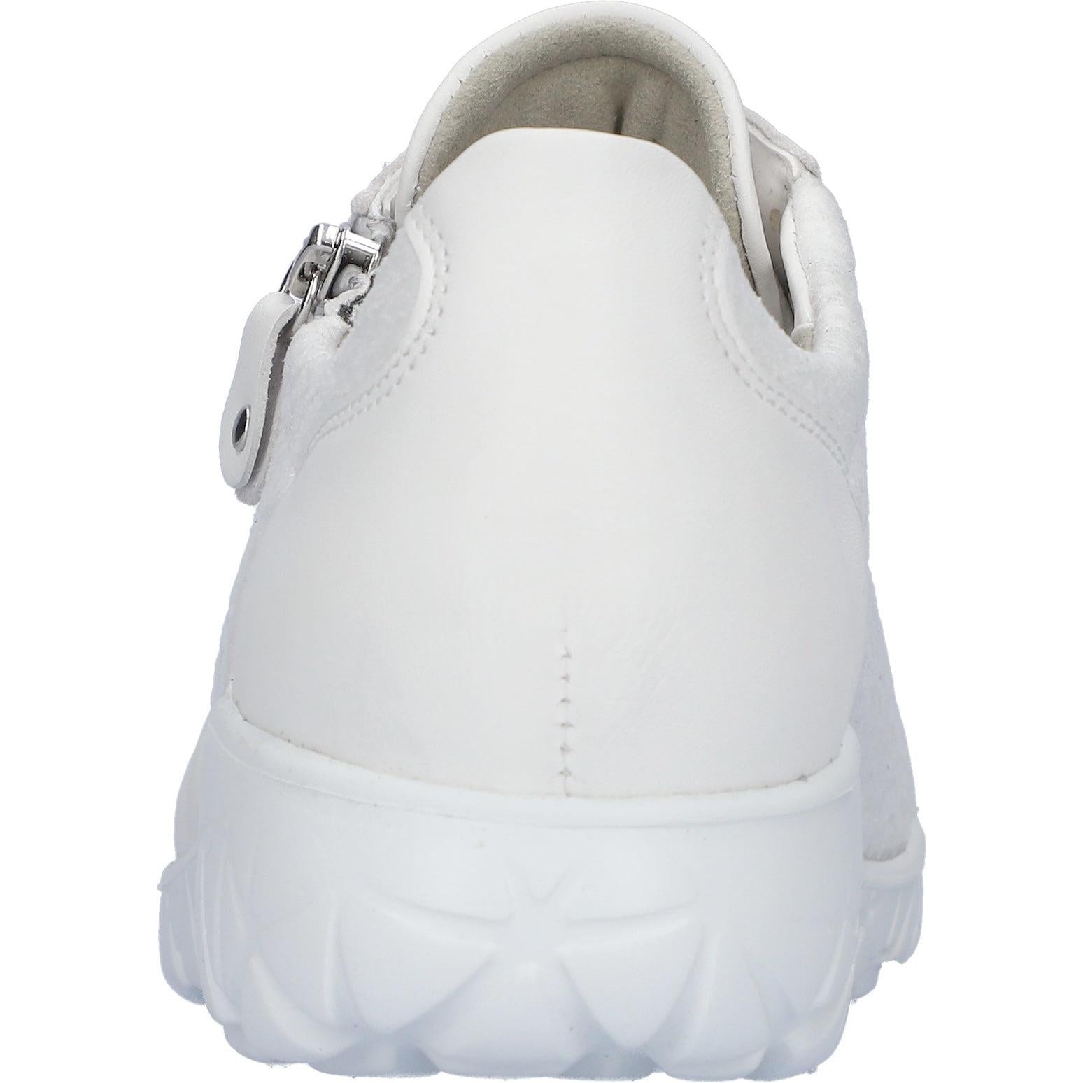 Waldlaufer H8901 ladies wide snow white leather trainers with zip and lace closure, arch support, and cushioned interior.