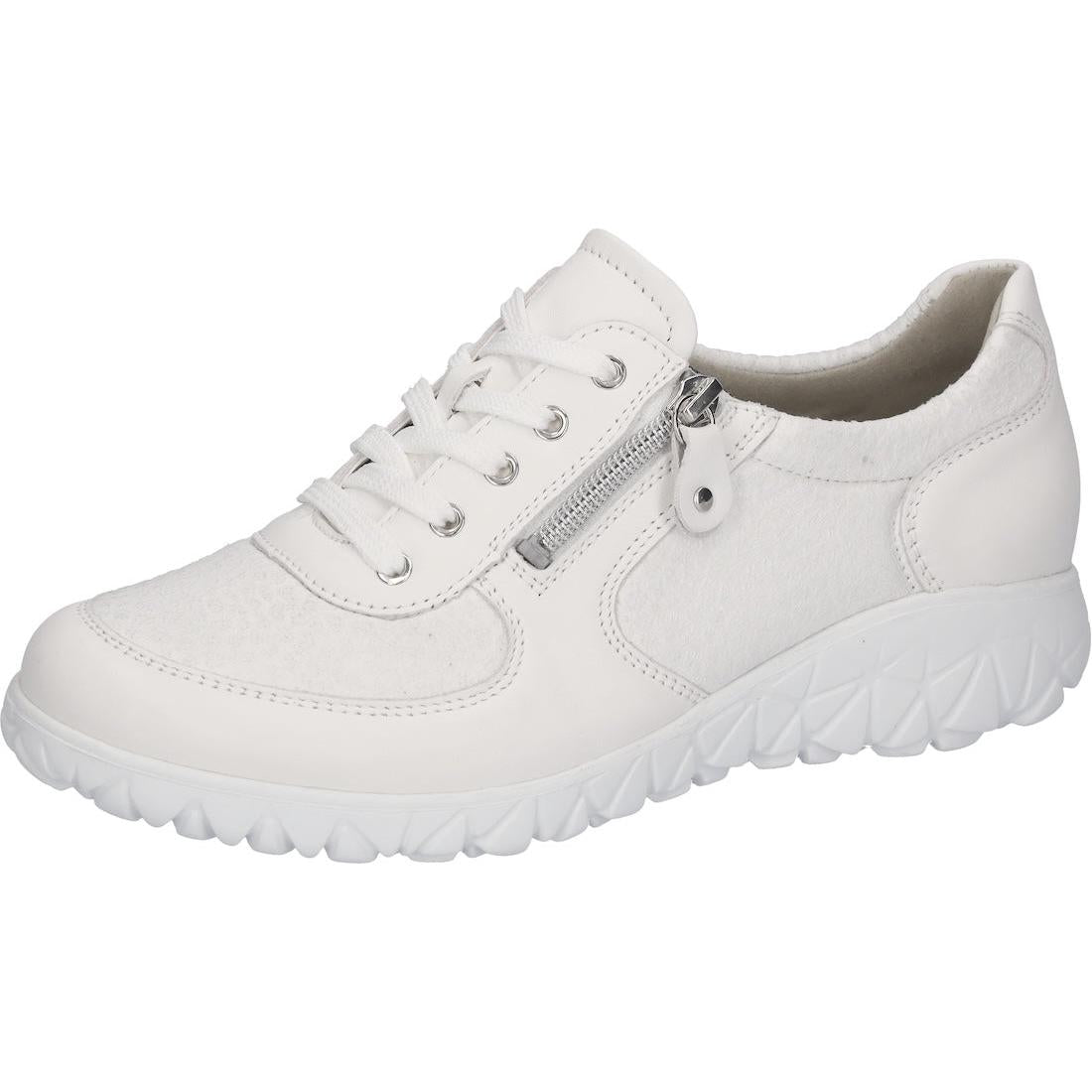 Waldlaufer H8901 Ladies Wide Snow White Leather Trainers with Zip and Lace, Arch Support, Soft Footbed, and Chunky Sole.