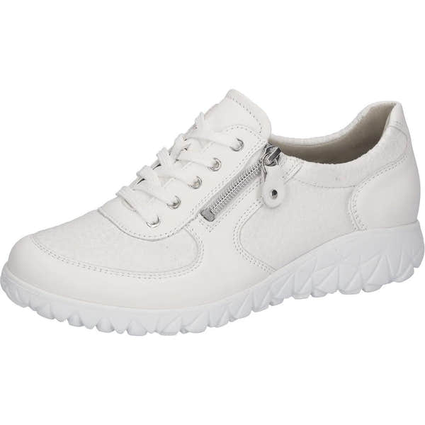 Waldlaufer H8901 Ladies Wide Snow White Leather Trainers with Zip and Lace, Arch Support, Soft Footbed, and Chunky Sole.