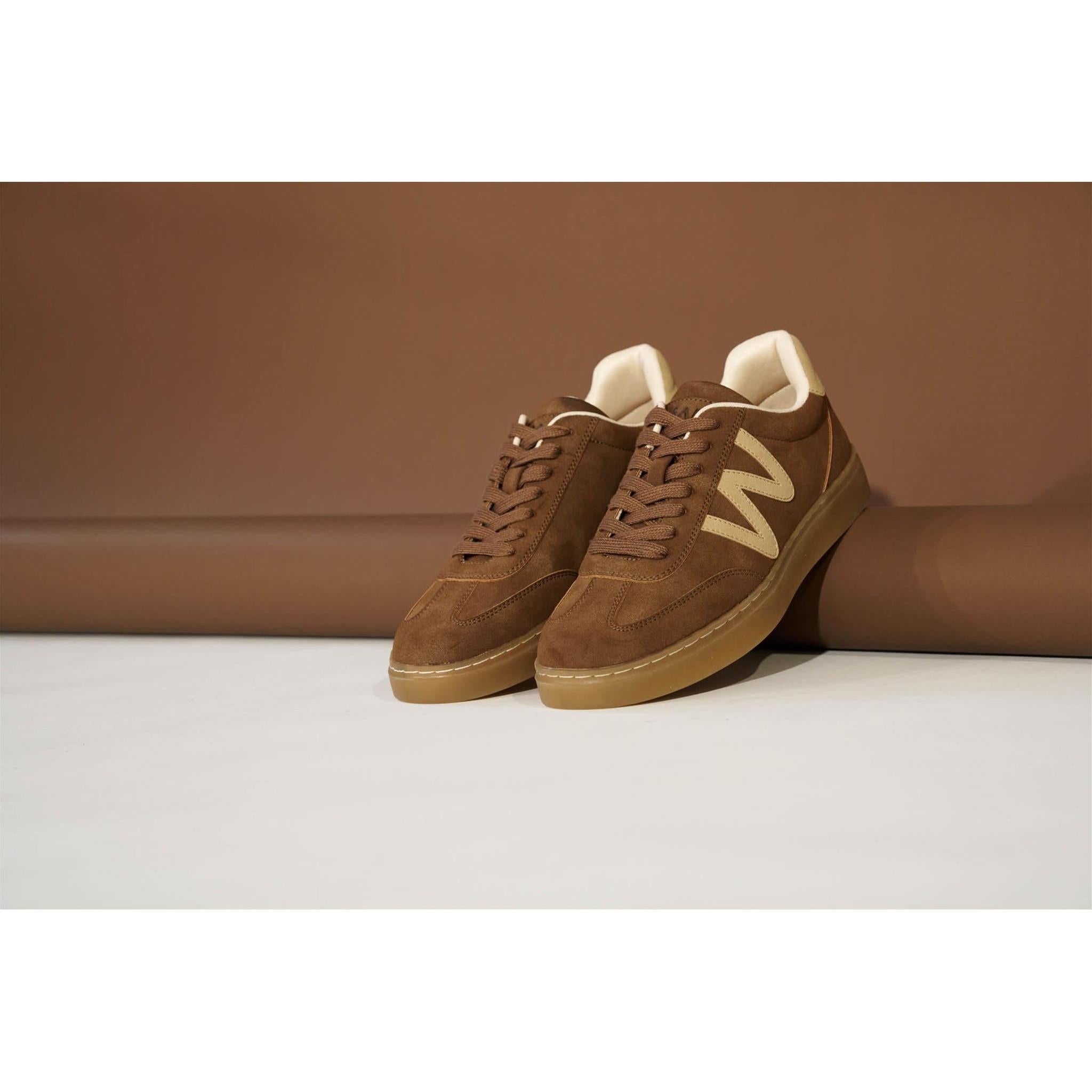 Westland Kira 01 women's brown combi vegan lace-up trainers worn on foot, Westland lifestyle view 1.
