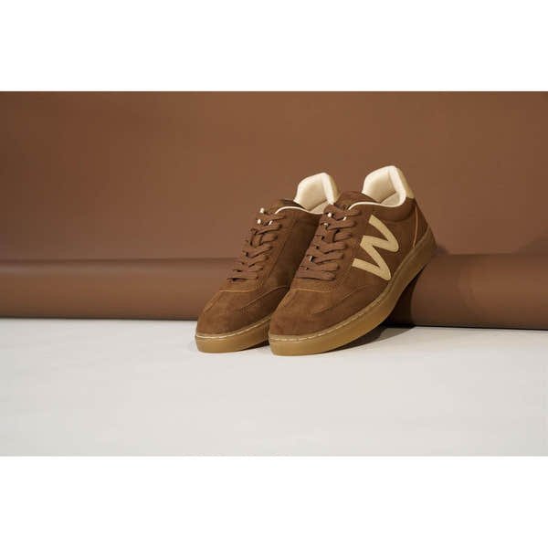 Westland Kira 01 women's brown combi vegan lace-up trainers worn on foot, Westland lifestyle view 1.