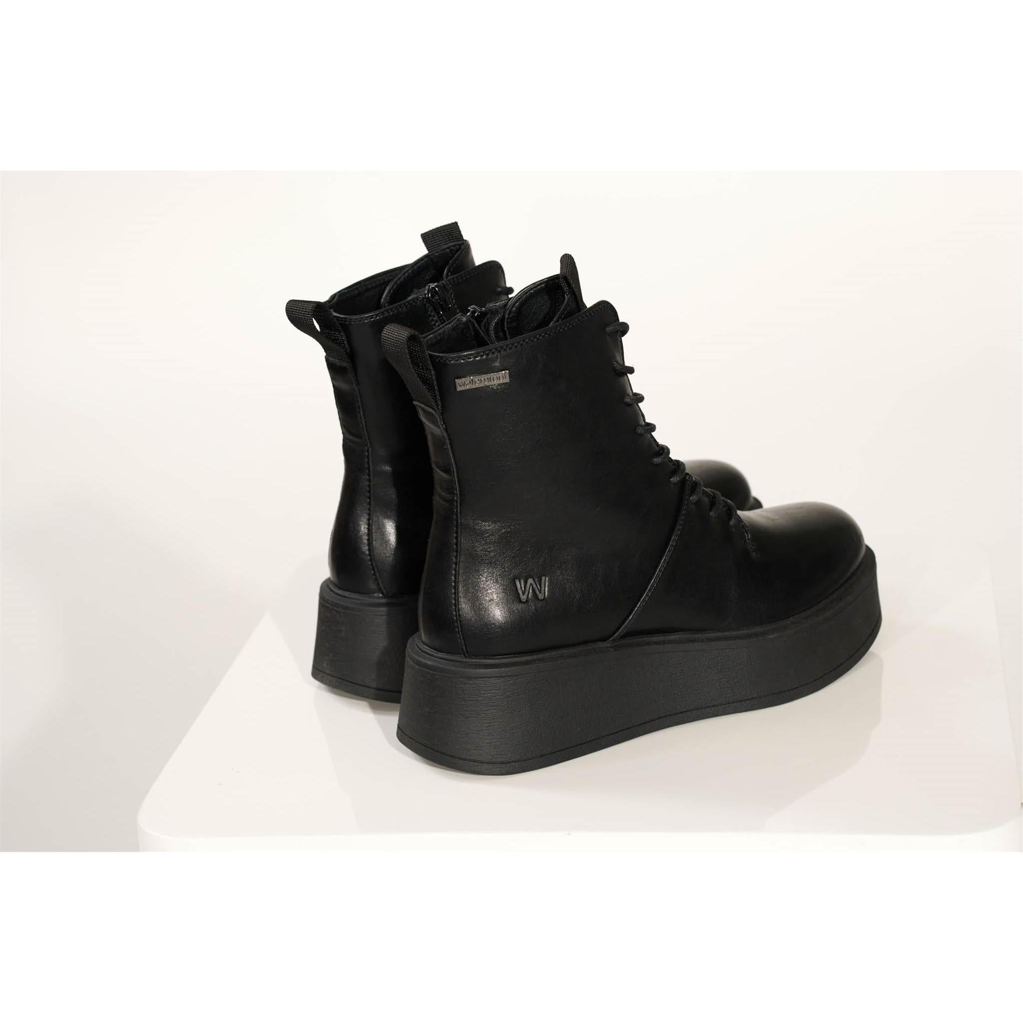 Westland Gemma 02 women's black vegan zip-and-lace platform ankle boots worn on foot, Westland lifestyle view 4.