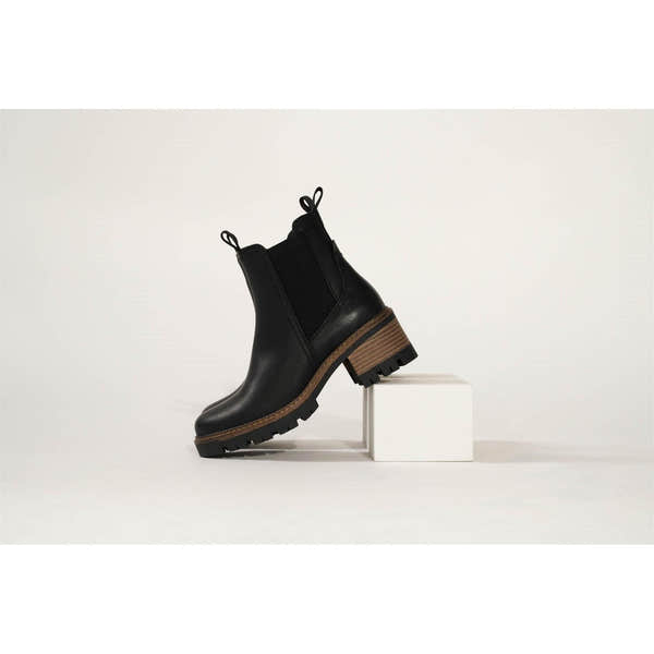 Westland Geri 03 women's black vegan heeled chelsea ankle boots worn on foot, Westland lifestyle view 14.