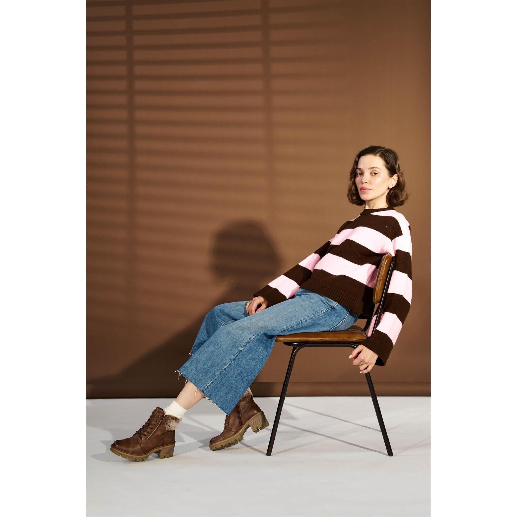Westland Geri 04 women's brown vegan faux fur zip-and-lace heeled ankle boots worn on foot, Westland lifestyle view 1.