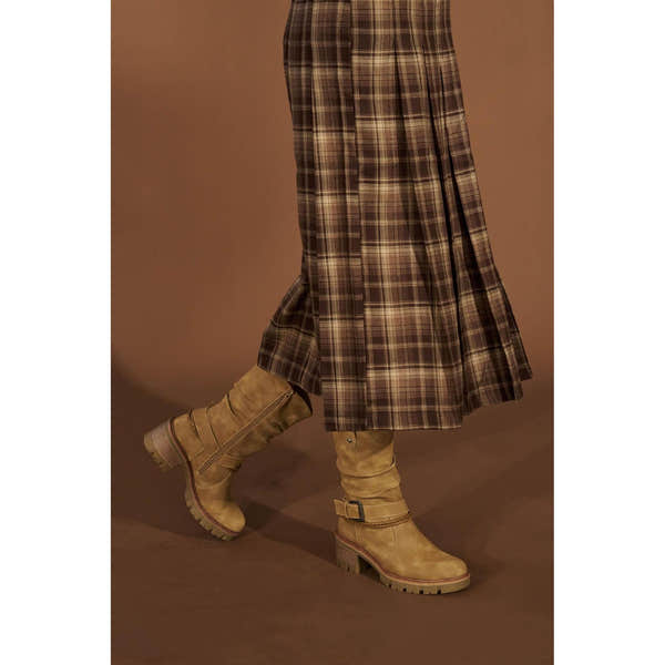 Westland Geri 06 women's taupe vegan side zip buckle mid-calf heeled boots worn on foot, Westland lifestyle view 6.