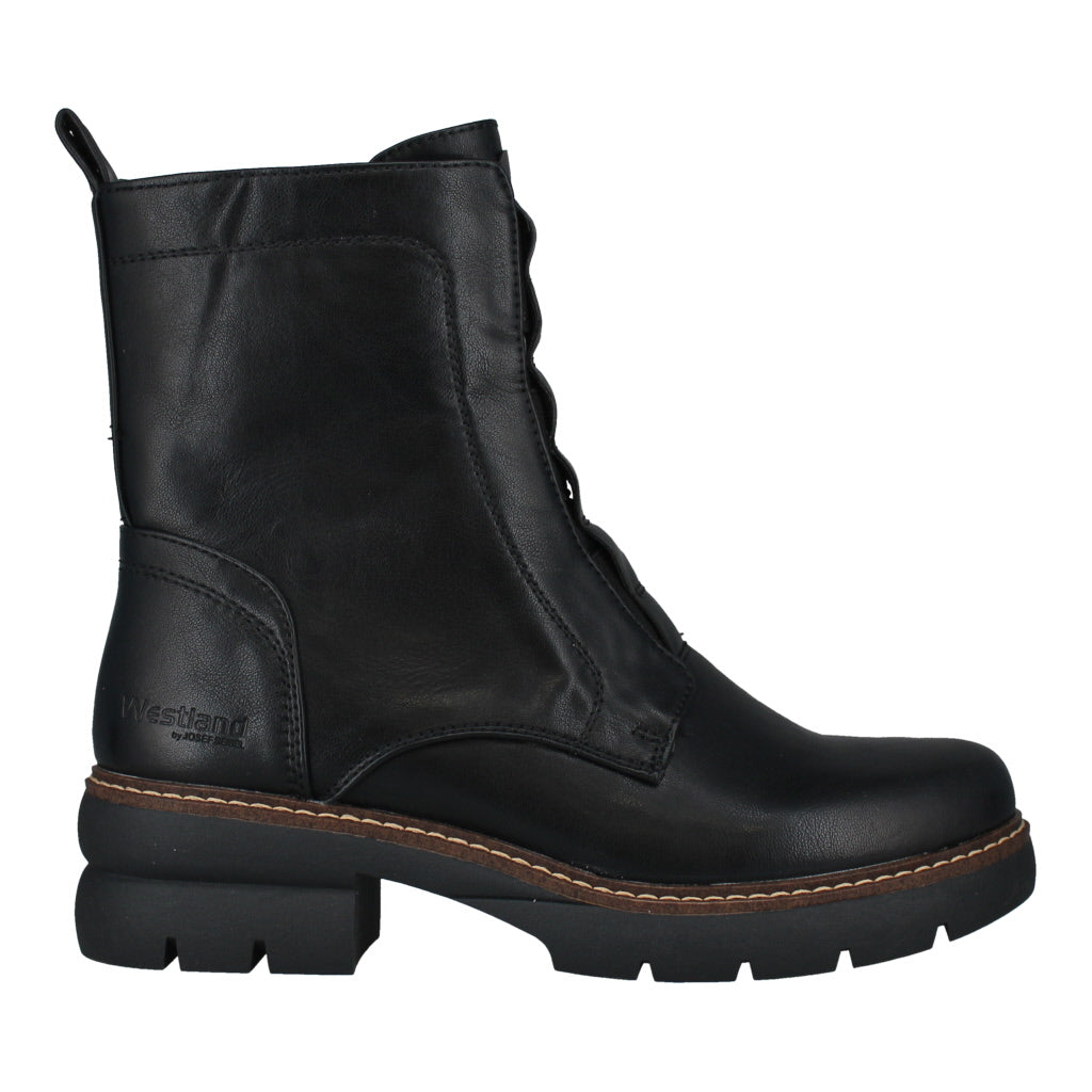 Westland Perrie 02 Ladies Black Side Zip Ankle Boots, leather, chunky sole, mid heel, waterproof, stylish modern footwear.