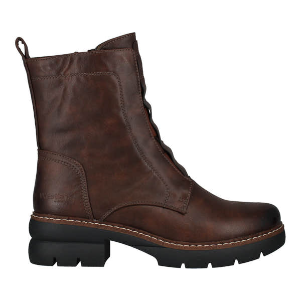 Westland Perrie 02 women's brown leather ankle boots with side zipper, rugged sole, and stitched detailing.
