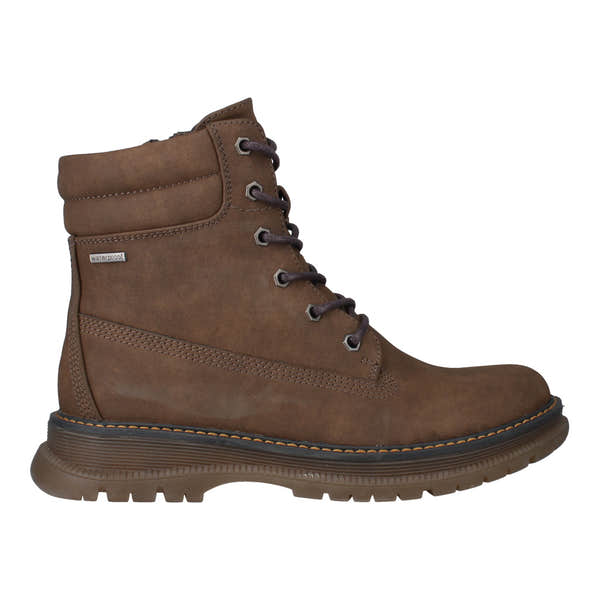 Westland Peyton 01 women's brown vegan ankle boots with zip and lace-up design, waterproof faux leather, rugged sole.