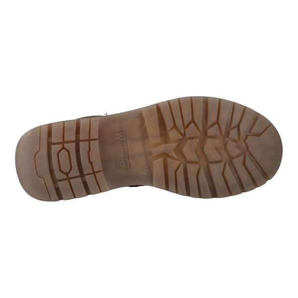 Westland Peyton 01 women's brown vegan ankle boots with zip and lace detail, rugged sole, and low heel.