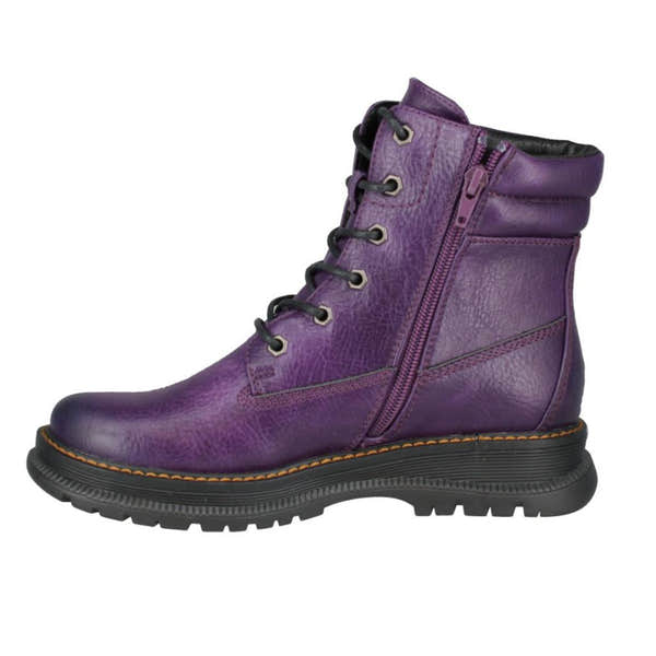 Westland Peyton 01 women's purple waterproof vegan ankle boots with zip, lace-up design, and rugged sole.