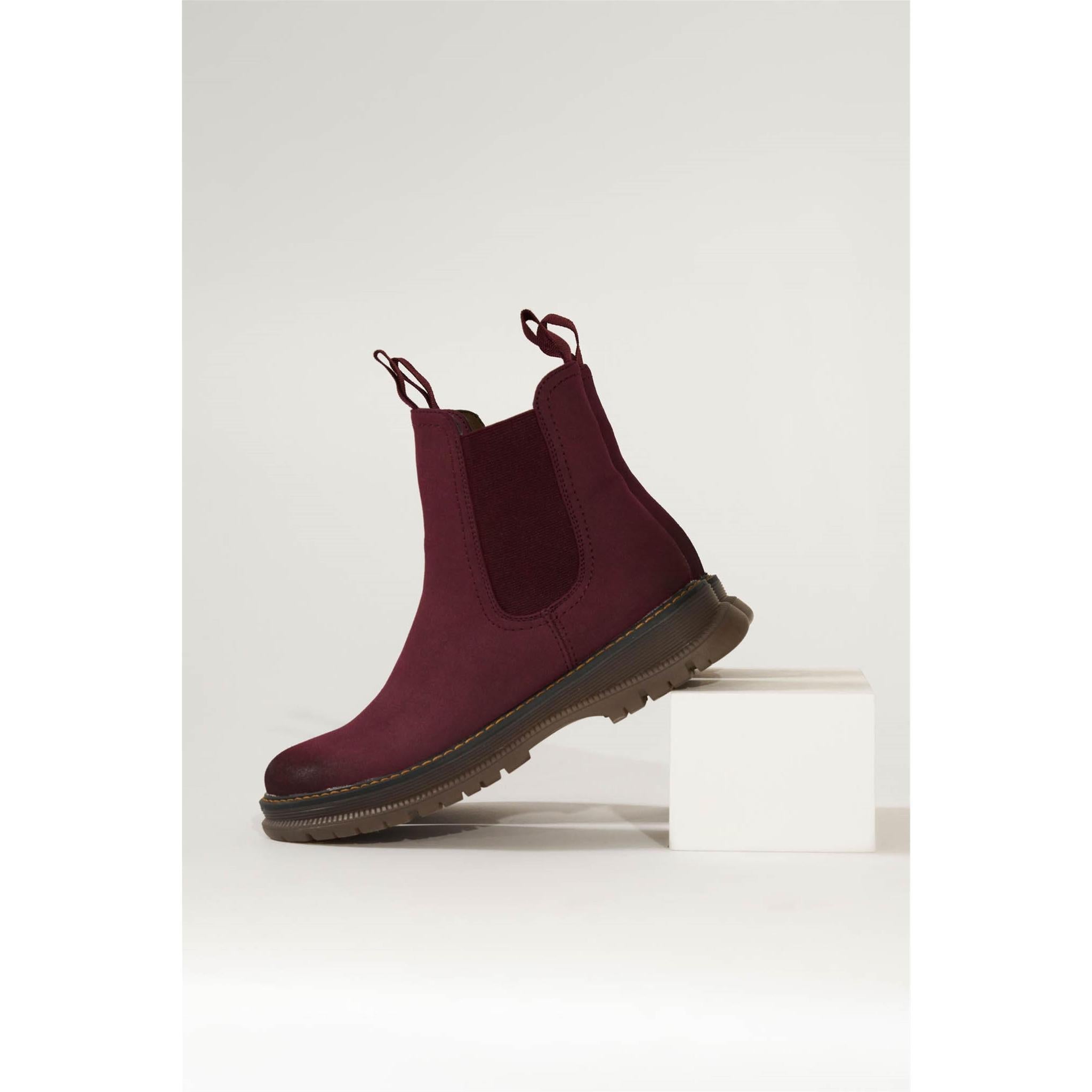 Westland Peyton 05 women's burgundy vegan chelsea ankle boots worn on foot, Westland lifestyle view 2.