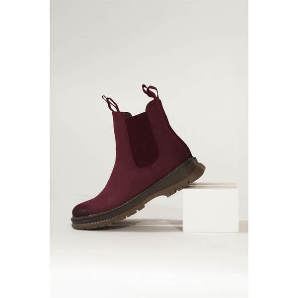 Westland Peyton 05 women's burgundy vegan chelsea ankle boots worn on foot, Westland lifestyle view 2.