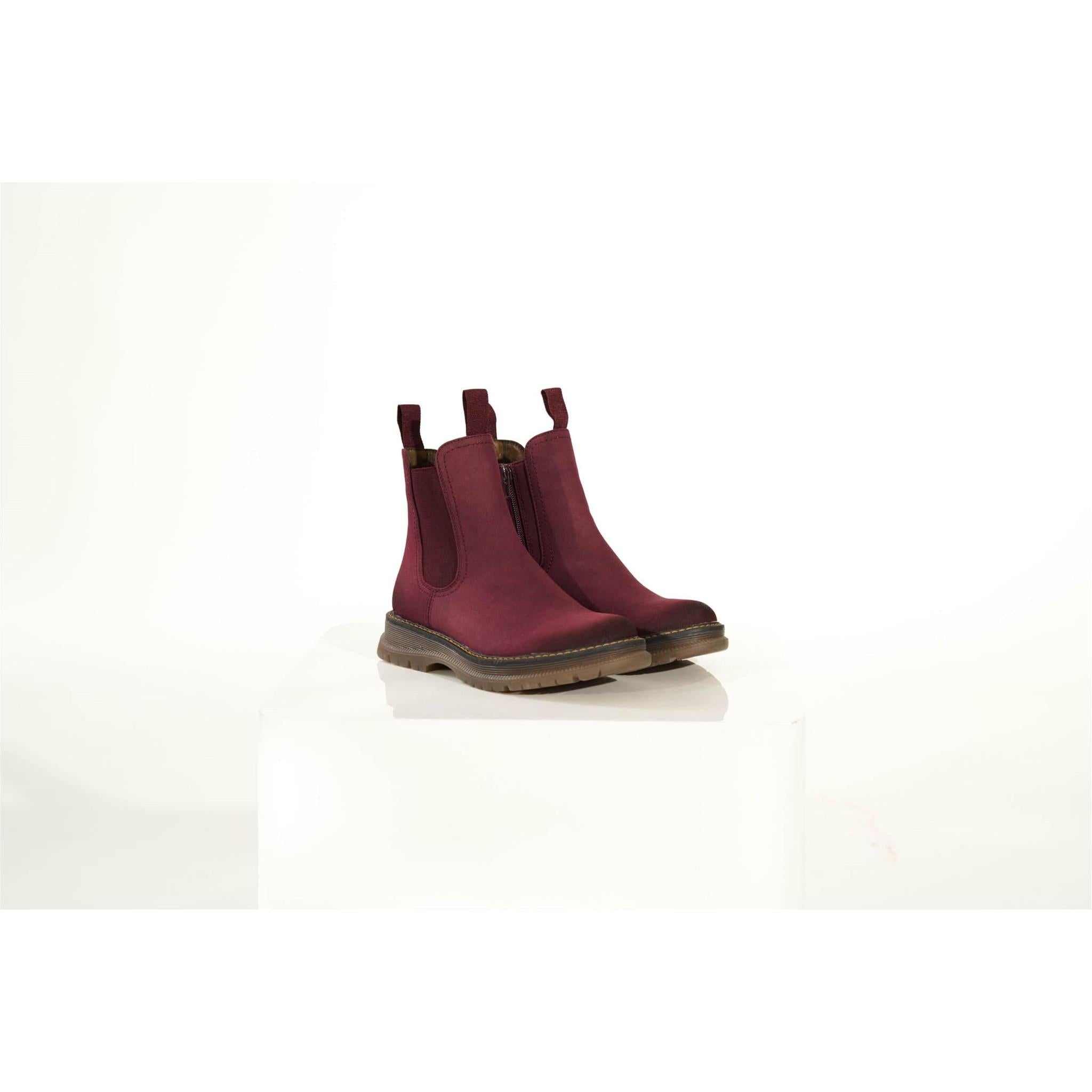 Westland Peyton 05 women's burgundy vegan chelsea ankle boots worn on foot, Westland lifestyle view 3.