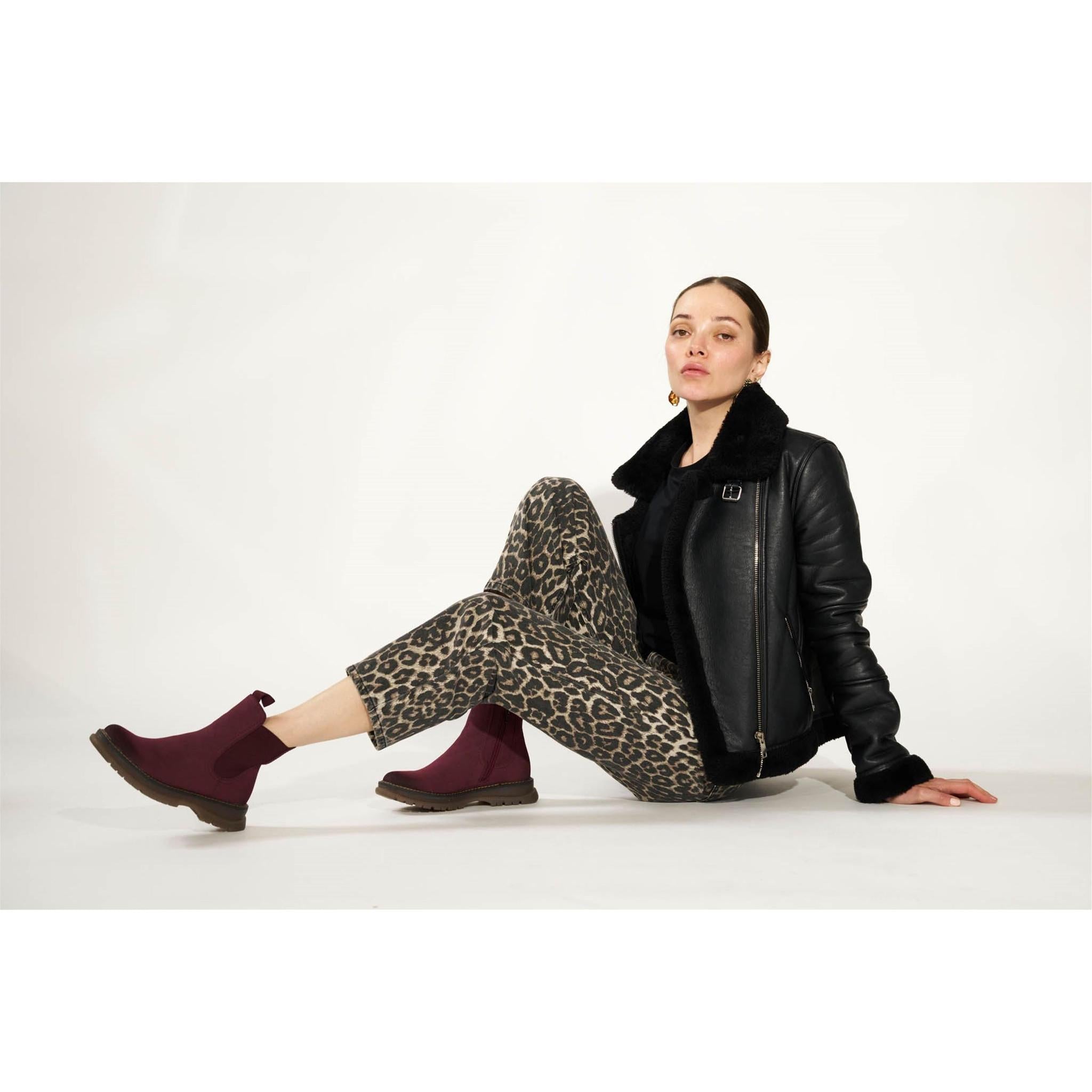 Westland Peyton 05 women's burgundy vegan chelsea ankle boots worn on foot, Westland lifestyle view 10.