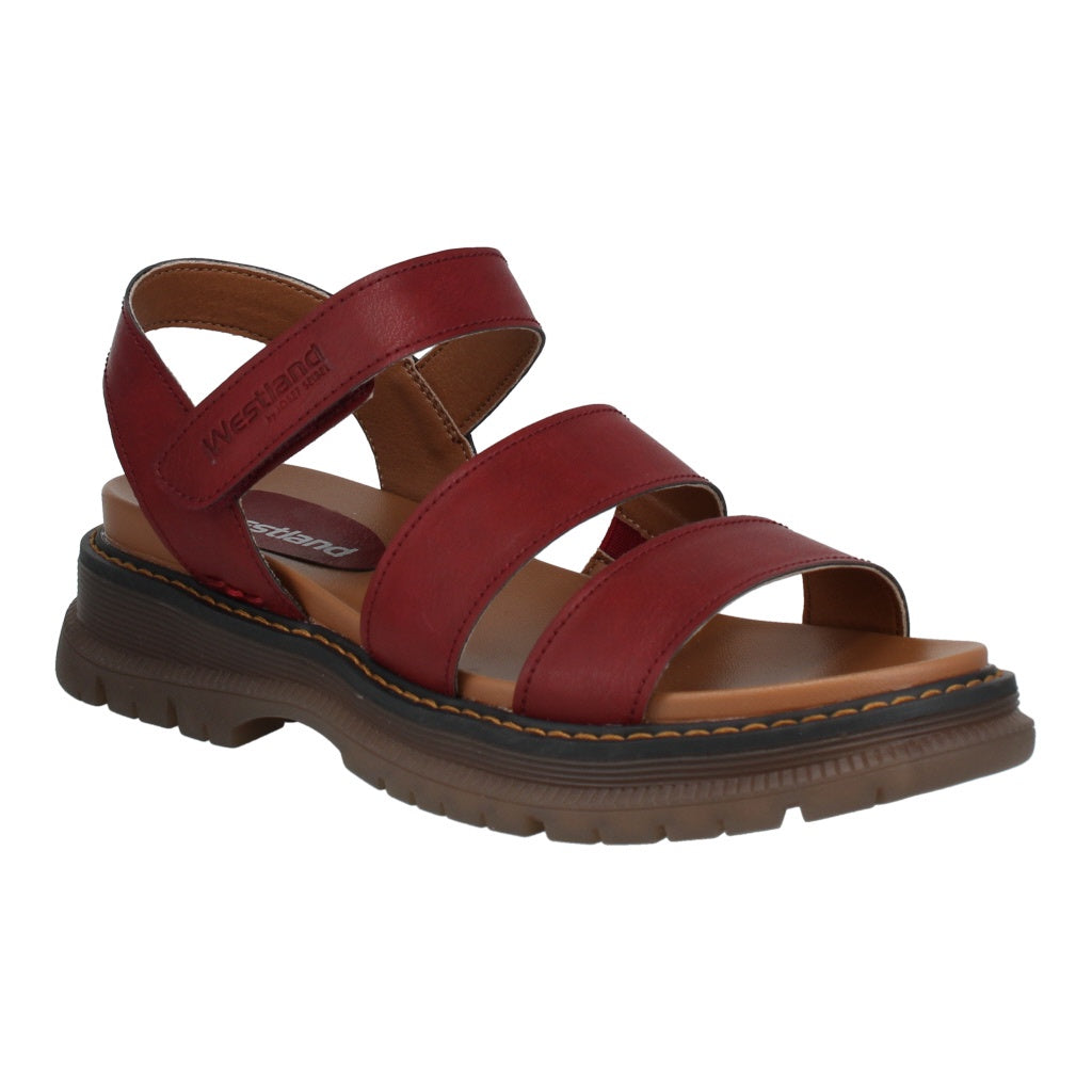 Westland Peyton 08 women's red vegan touch-fastening sandals with multi-strap design and chunky sole.