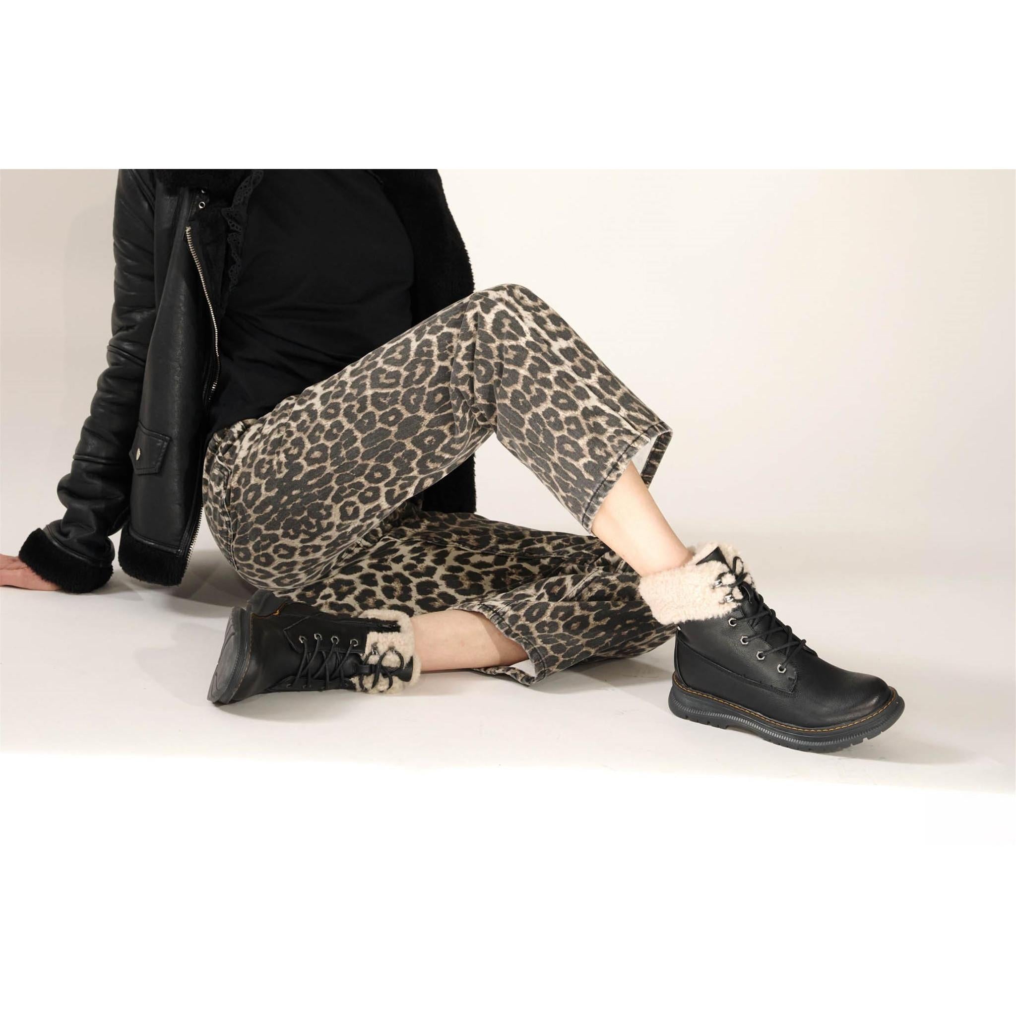 Westland Peyton 16 women's black vegan waterproof zip-and-lace faux fur ankle boots worn on foot, Westland lifestyle view 3.