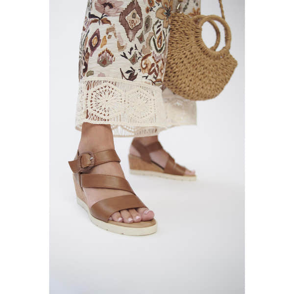 Westland Eloise 01 women's brown vegan arch support buckle sandals with wedge heel and open toe.