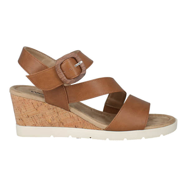 Westland Eloise 01 women's brown vegan wedge sandals with buckle straps, cork heel, and arch support.