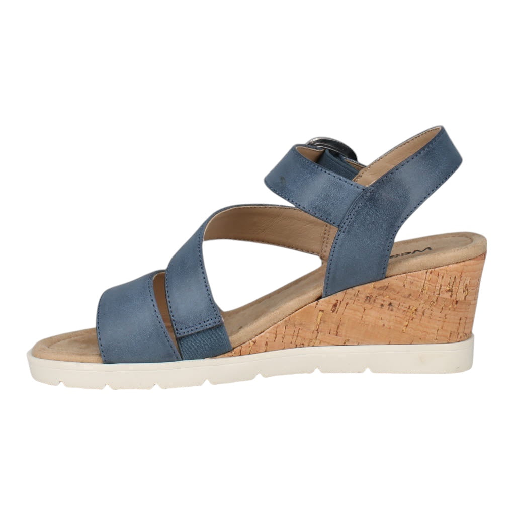 Westland Eloise 01 Women's Ocean vegan wedge sandals with arch support, buckle strap, cork heel, and white rubber sole.