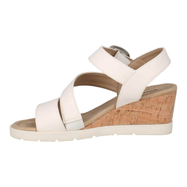 Westland Eloise 01 women's off-white vegan wedge sandal with buckle straps and cork heel.