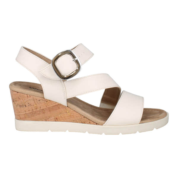 Westland Eloise 01 women's off-white vegan wedge sandal with buckle strap and cork heel, arch support, and casual summer style.