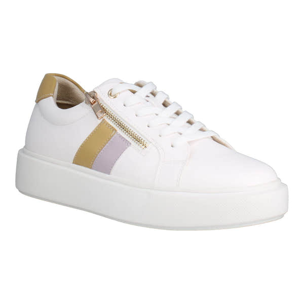 Westland Kate 04 Ladies White Vegan Lace-Up Trainers with gold zipper detail and pastel stripe accents.