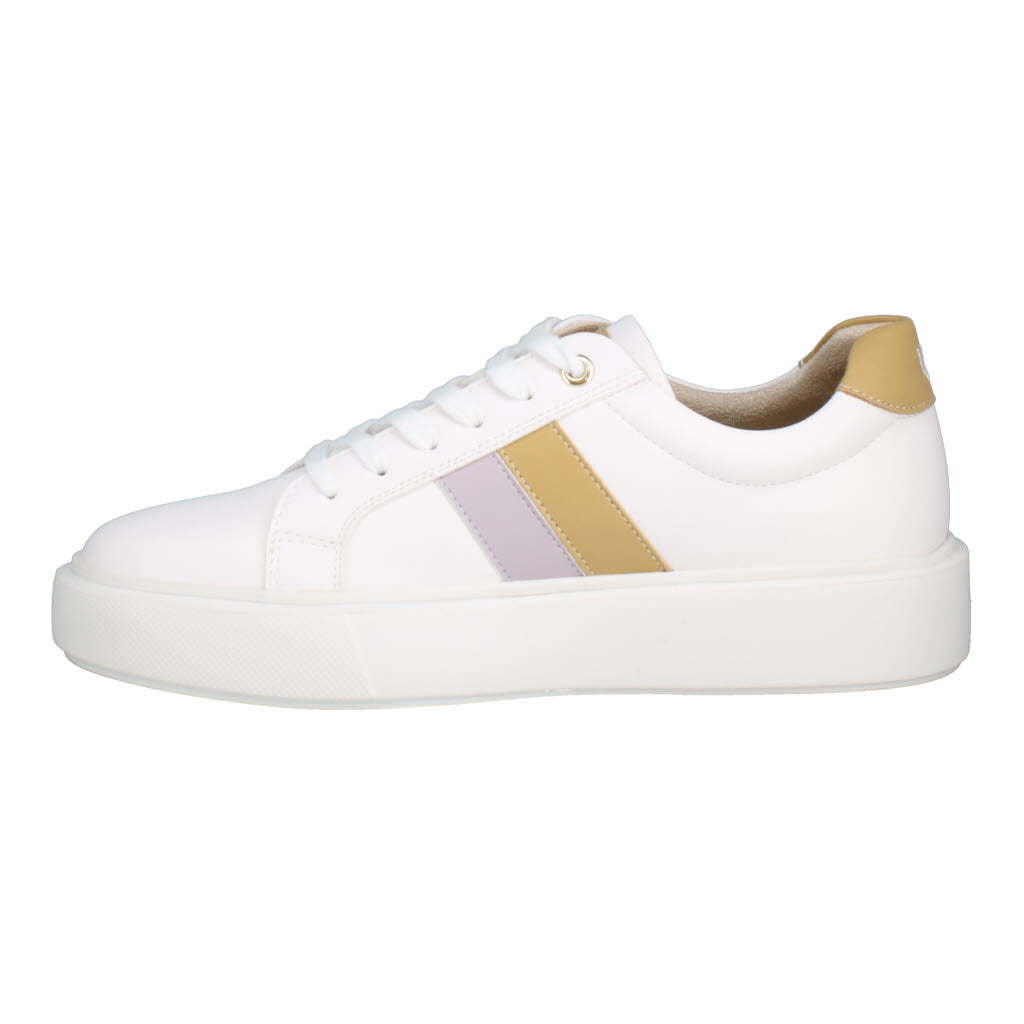 Westland Kate 04 Ladies White Vegan Lace-Up Trainers with beige and lavender side stripes and a chunky sole.