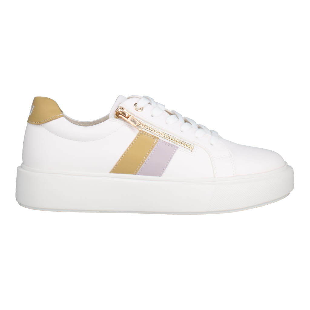 Westland Kate 04 ladies white vegan lace-up trainers with beige and purple stripe details and gold zipper accents.