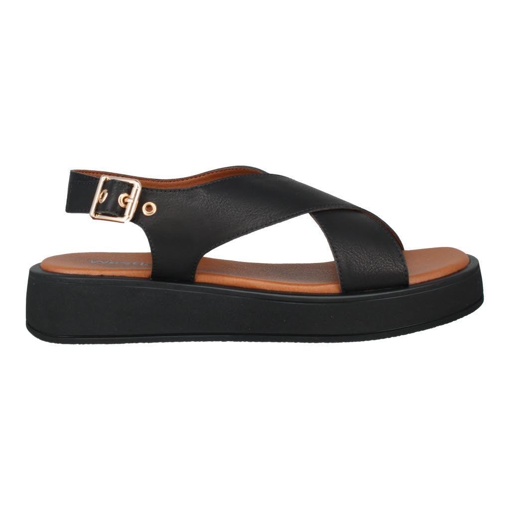Westland Macie 02 women's black vegan buckle sandals with cushioned footbed and flat platform sole.