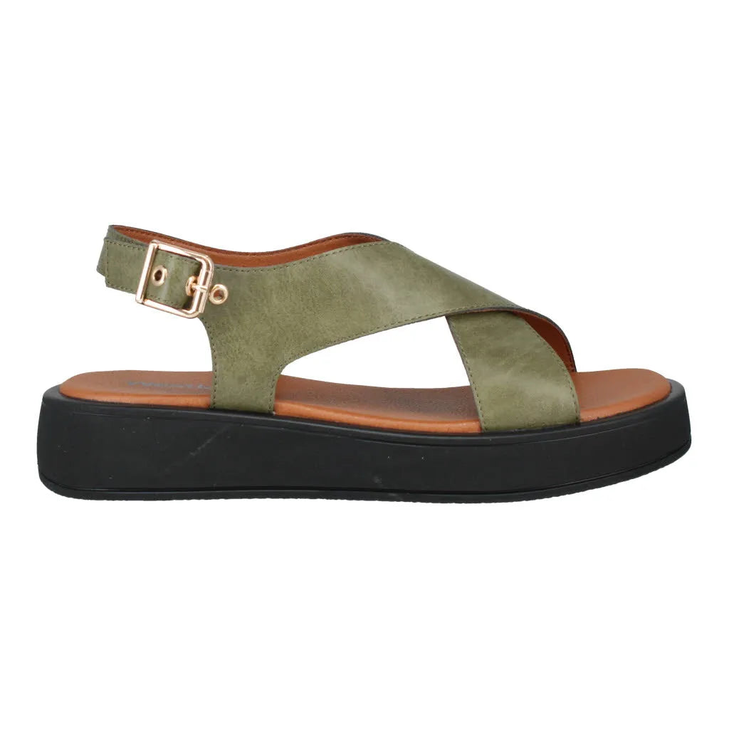 Women's olive green touch-fastening sandal with wide straps, cushioned footbed, and black rubber sole.