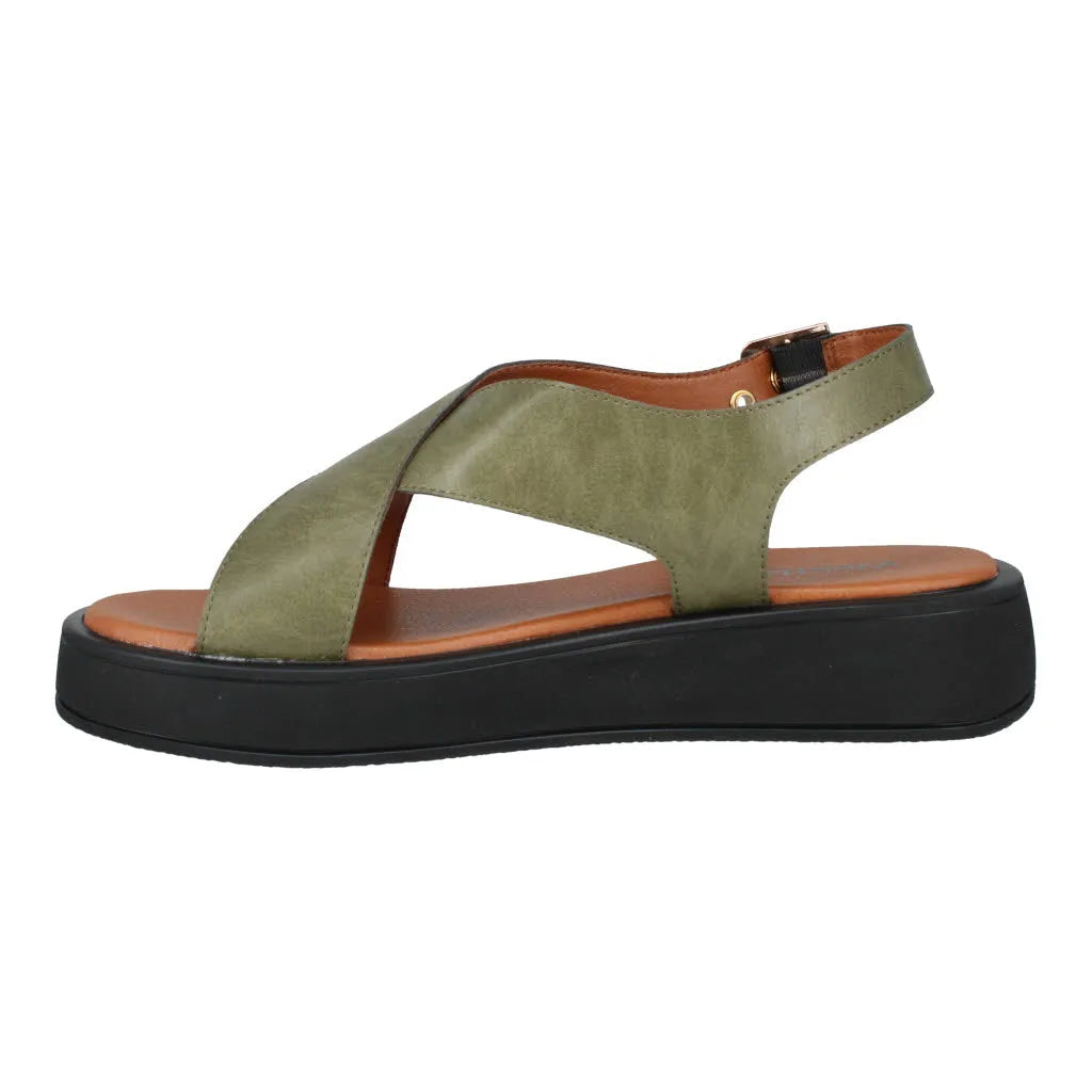 Westland Macie 02 ladies olive touch fastening sandals with green faux leather straps, tan insole, and black platform sole.