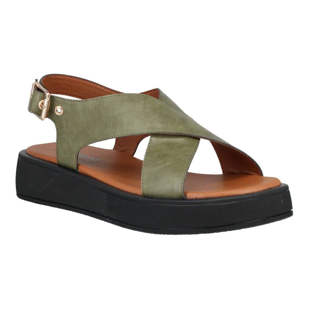 Olive green leather touch fastening sandal with a black chunky sole and tan insole, featuring adjustable ankle strap and open toe design.