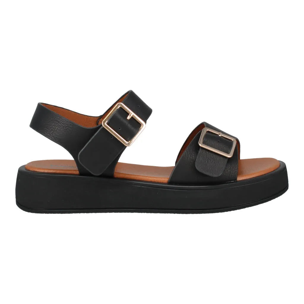 Black ladies' synthetic touch-fastening sandals with buckled straps and a cushioned tan insole.