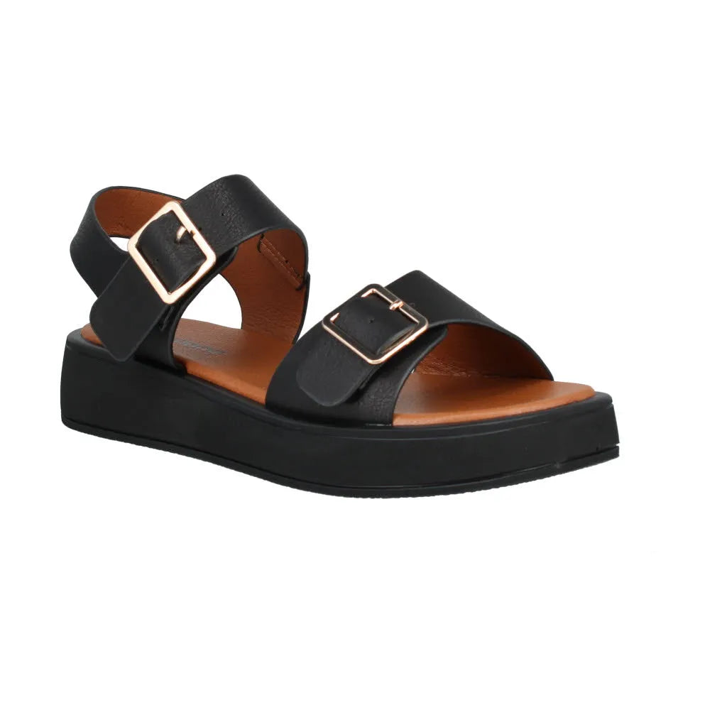 Black leather touch-fastening sandals with buckles, cushioned insole, and platform sole.
