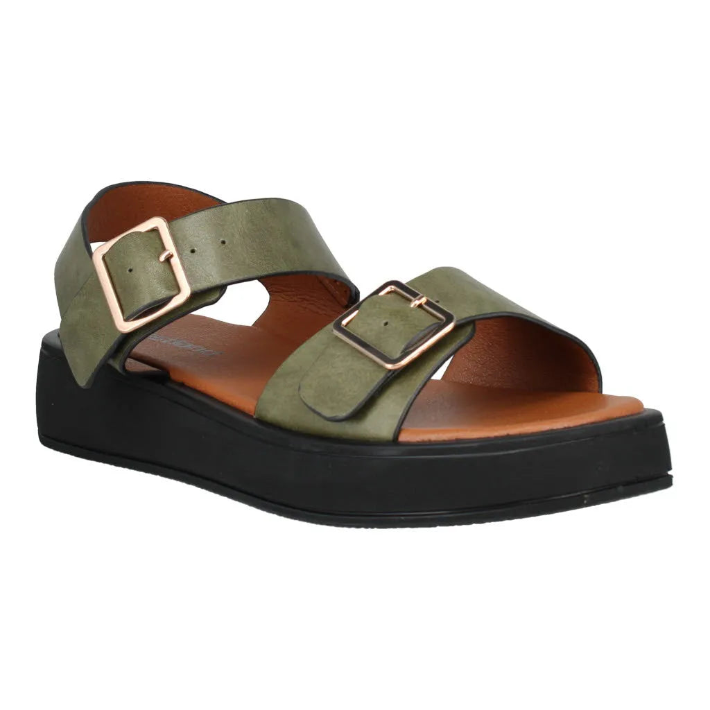 Ladies olive touch fastening sandal with two adjustable straps, gold buckles, black sole, and tan insole.