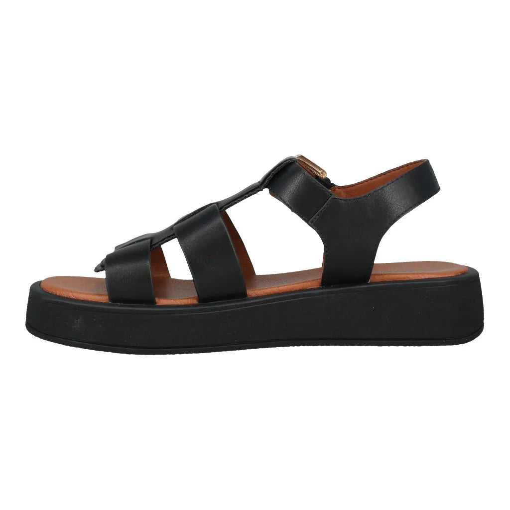 Black leather ladies' sandals with touch-fastening straps, cushioned insole, and platform sole.