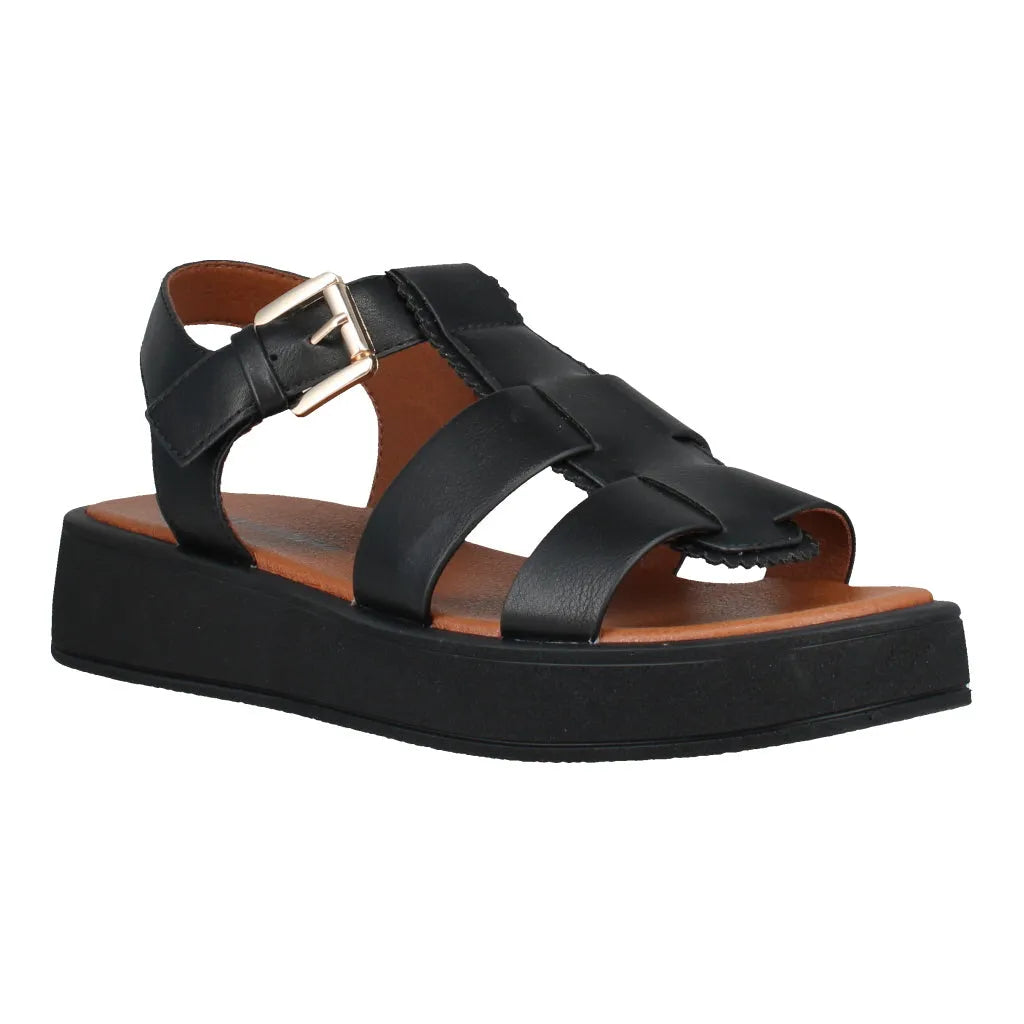 Black leather ladies' sandals with touch-fastening straps, chunky sole, and silver buckle on ankle strap.