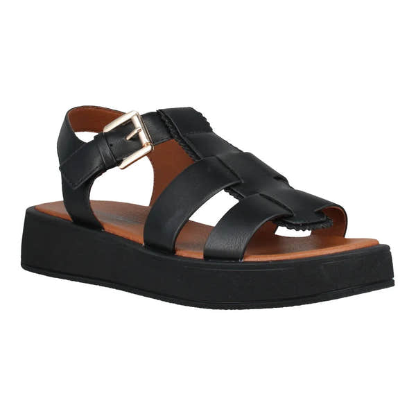 Black leather ladies' sandals with touch-fastening straps, chunky sole, and silver buckle on ankle strap.