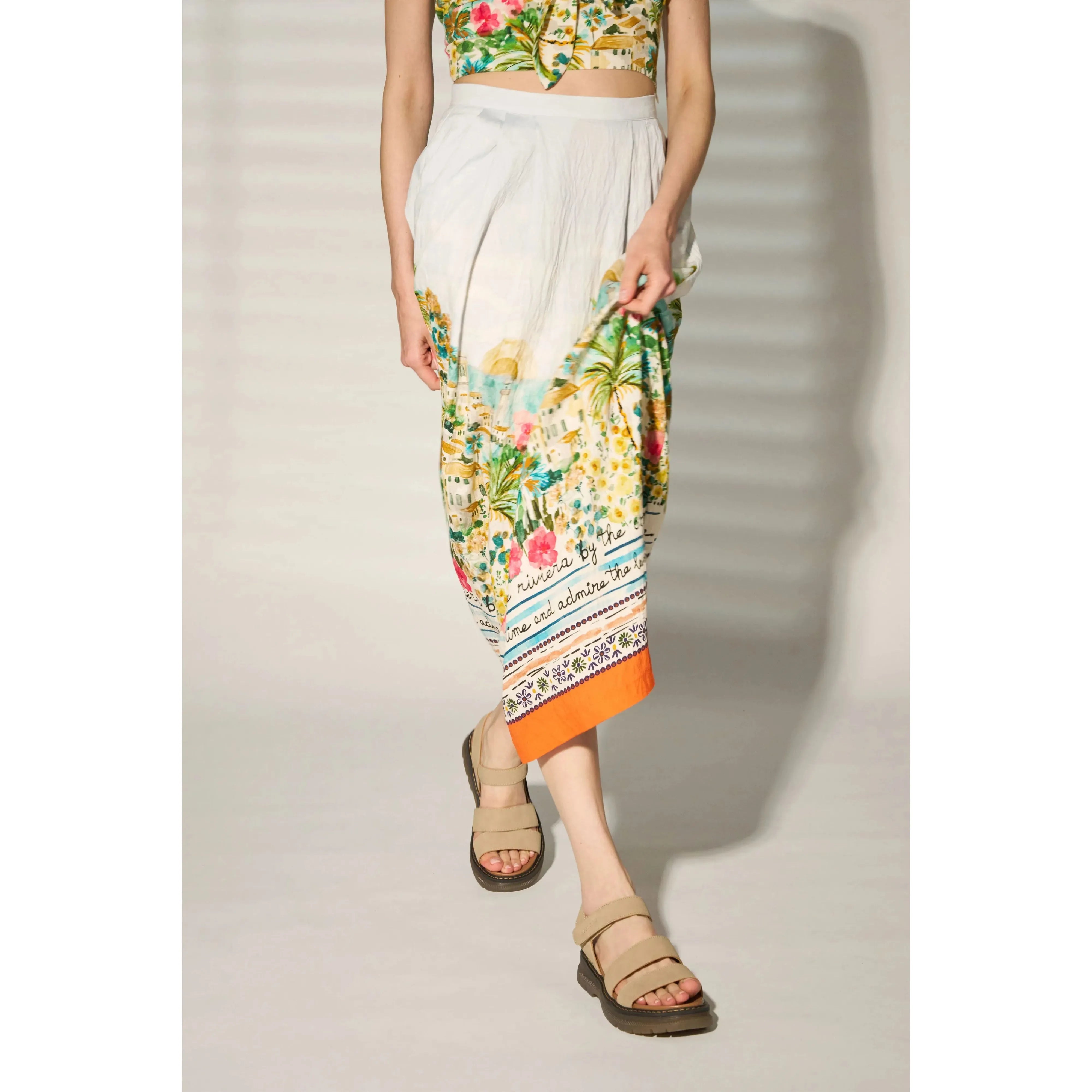Westland Peyton 08 Ladies Beige Combi Touch Fastening Sandals, open toe with strap details, worn with colorful printed skirt.
