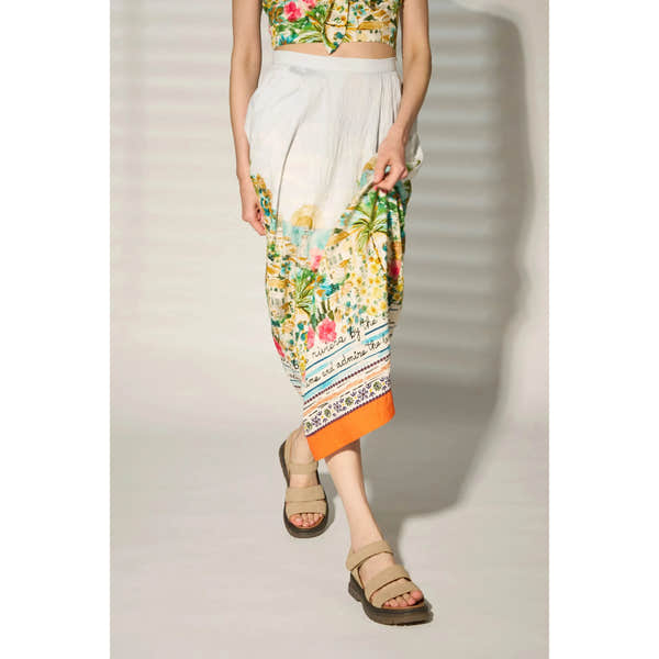 Westland Peyton 08 Ladies Beige Combi Touch Fastening Sandals, open toe with strap details, worn with colorful printed skirt.