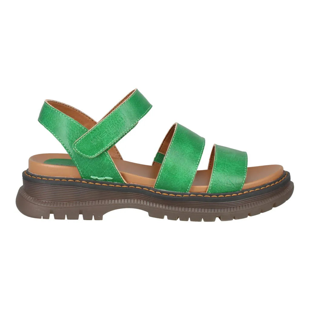 Westland Peyton 08 Ladies green vegan sandals with arch support, touch fastening straps, cushioned sole, and rugged rubber outsole.