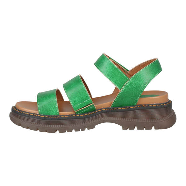 Green vegan leather sandal with arch support, touch-fastening straps, cushioned insole, and rugged rubber sole for women.