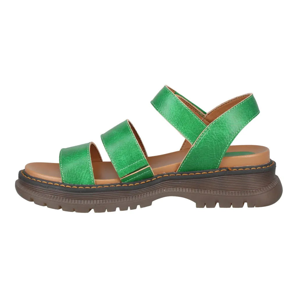 Green vegan leather sandal with arch support, touch-fastening straps, cushioned insole, and rugged rubber sole for women.