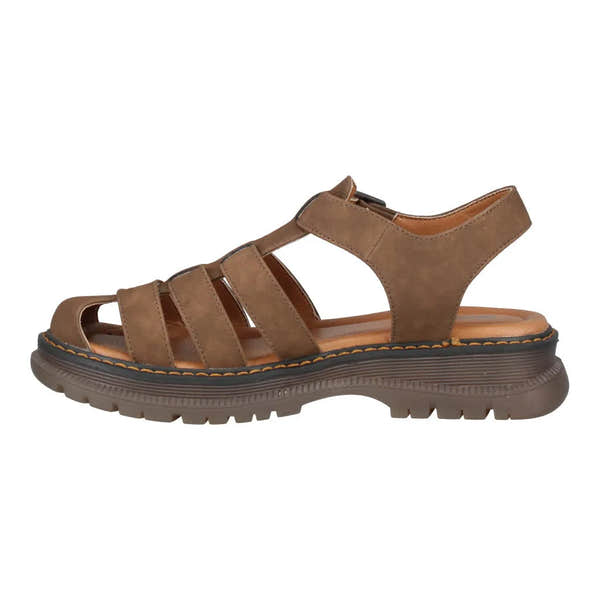 Brown touch-fastening women's sandals with multiple straps, cushioned footbed, and chunky sole.