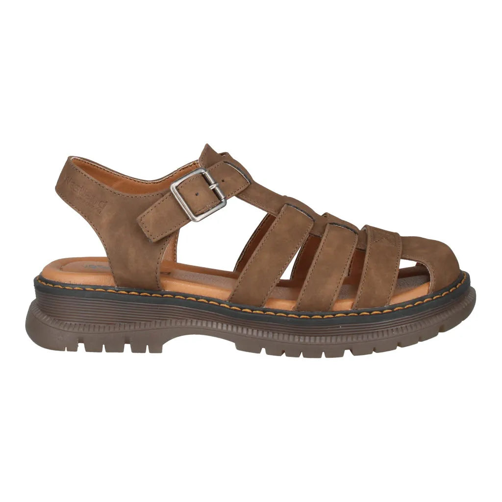 Brown leather touch-fastening sandals with adjustable strap, open toe, and chunky rubber sole.
