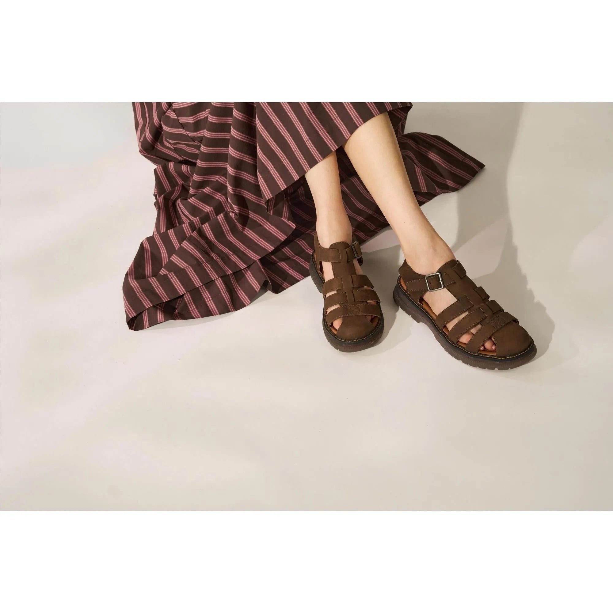 Women's brown touch fastening sandals with multiple straps, open toe, and closed heel.