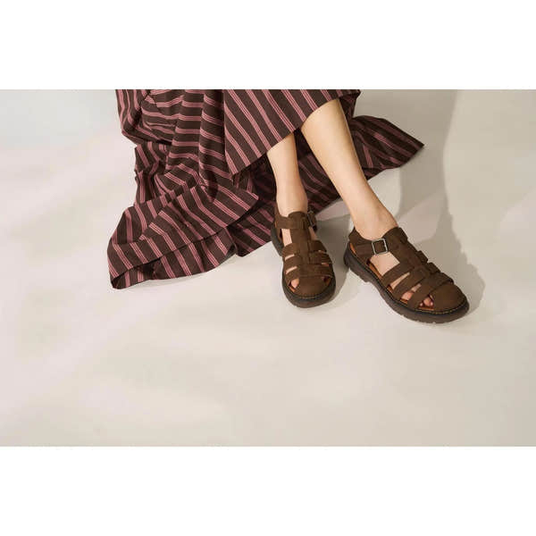 Women's brown touch fastening sandals with multiple straps, open toe, and closed heel.