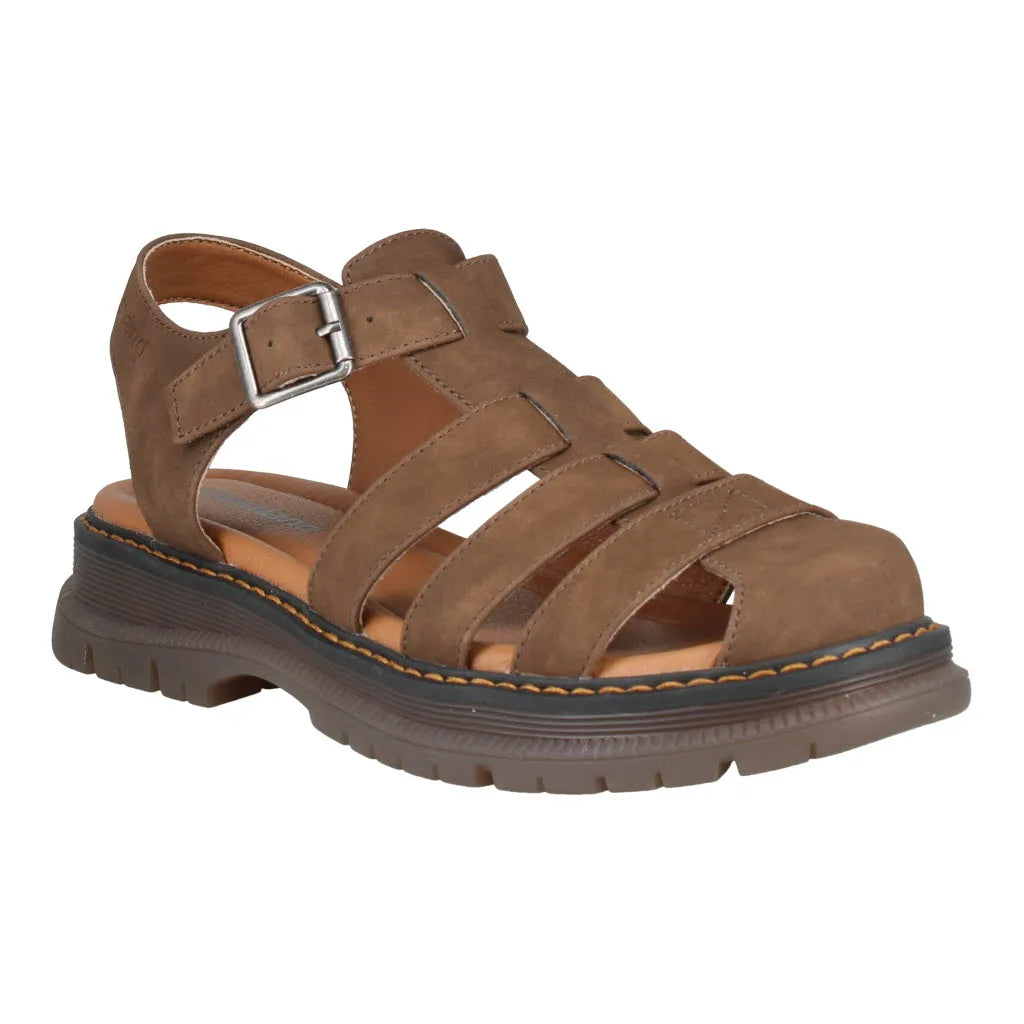Brown touch-fastening leather sandal with closed toe, adjustable strap, and chunky sole for women.