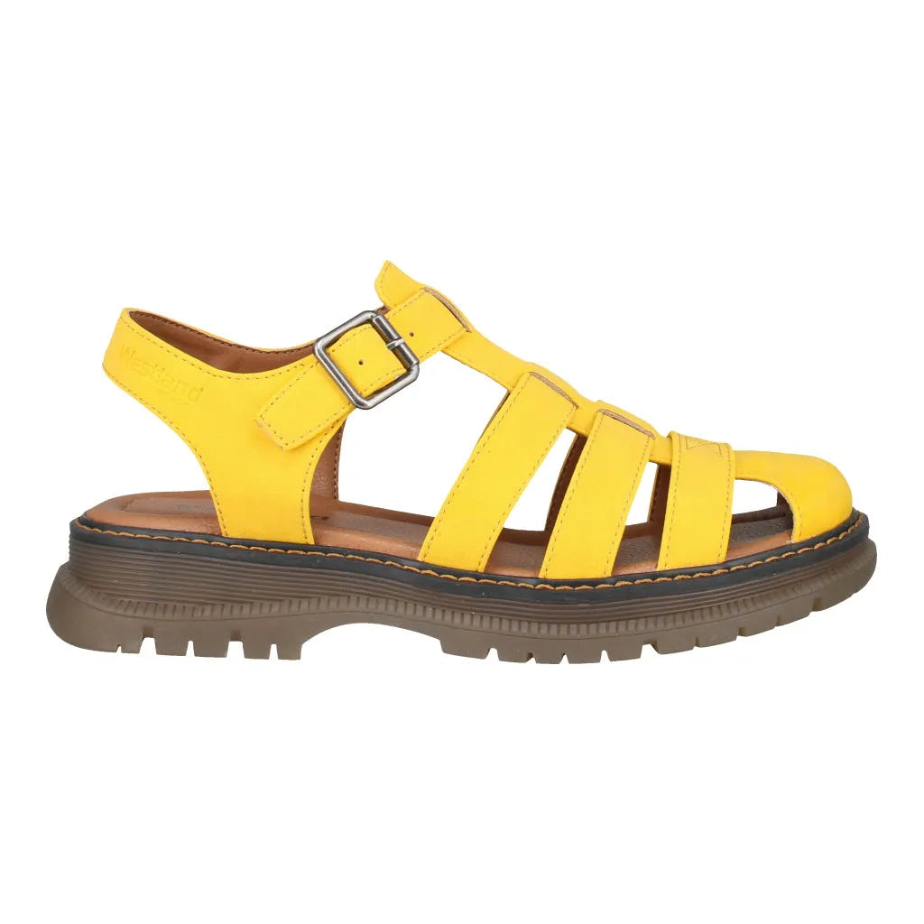 Yellow touch fastening sandals with multiple straps, silver buckle, cushioned sole, and thick brown outsole.
